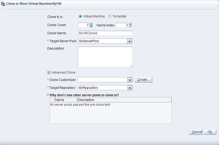 This figure shows the Clone or Move dialog box with the Clone to a Virtual Machine option selected.