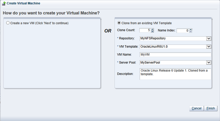 This figure shows the Create Virtual Machine wizard with the Clone from an existing VM Template option selected.