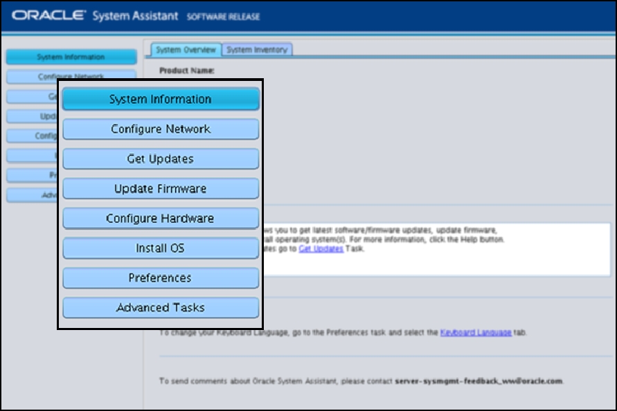 image:Barre des tâches de l'interface d'Oracle System Assistant.