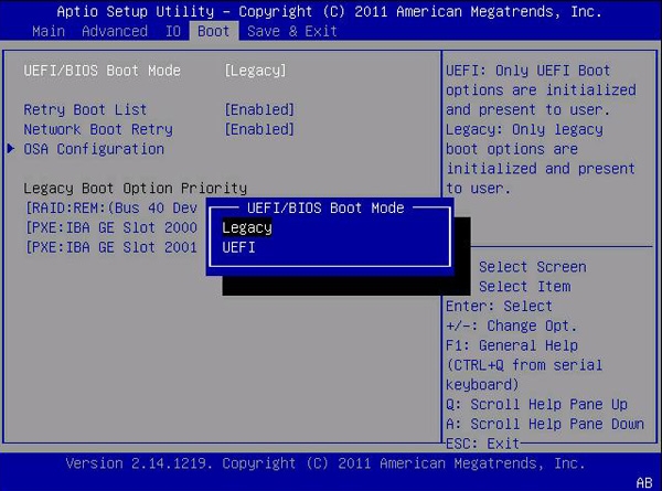 image:UEFI 및 Legacy BIOS 모드 선택을 보여주는 BIOS 화면입니다.
