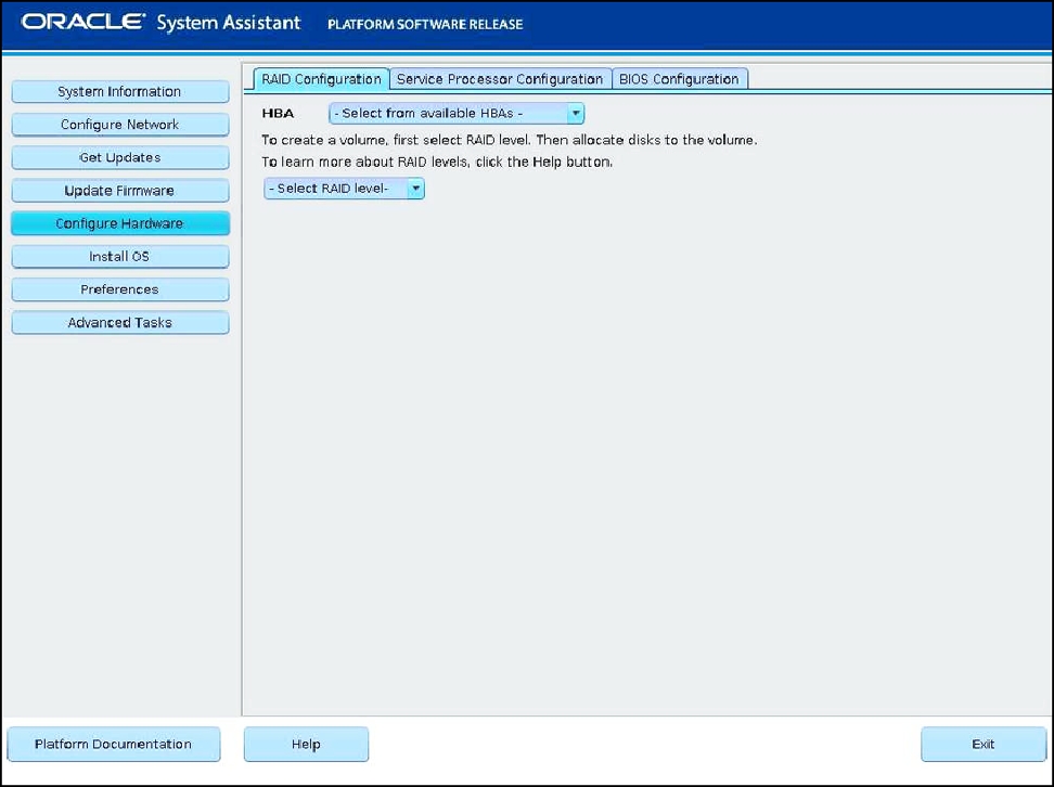image:此图显示了 Oracle System Assistant 中的 “RAID Configuration“ 屏幕。