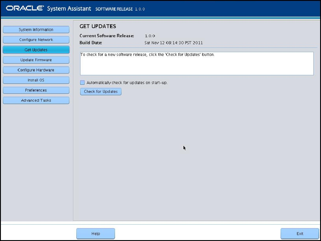 image:Captura de pantalla en la que se muestra la pantalla Get Updates (Obtener actualizaciones) de Oracle System Assistant.