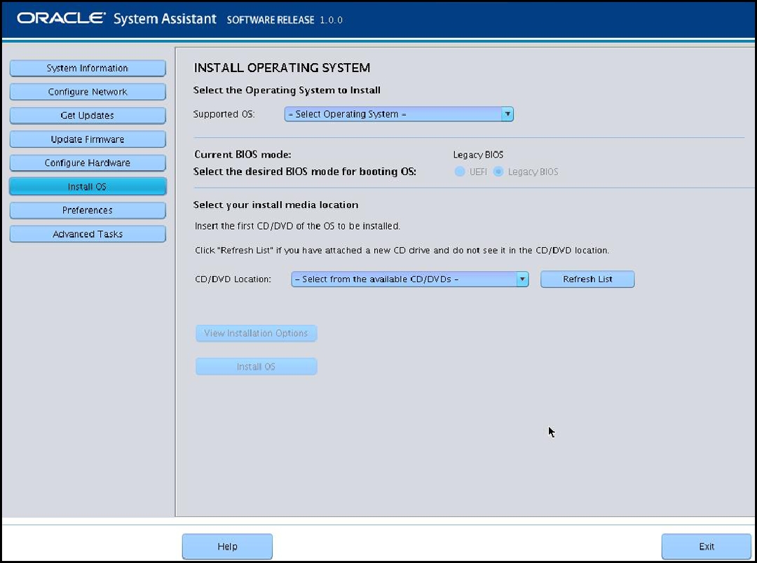 image:Captura de pantalla en la que se muestra la pantalla Install OS (Instalar sistema operativo) de Oracle System Assistant.