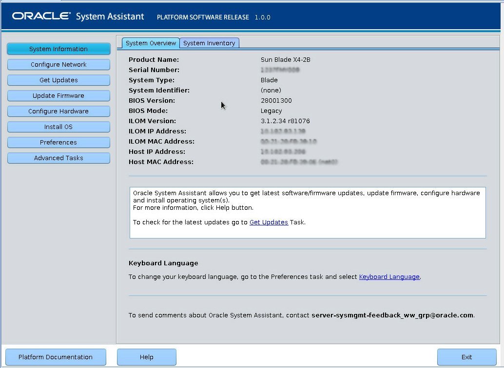 image:Captura de pantalla en la que se muestra la pantalla principal de Oracle System Assistant.