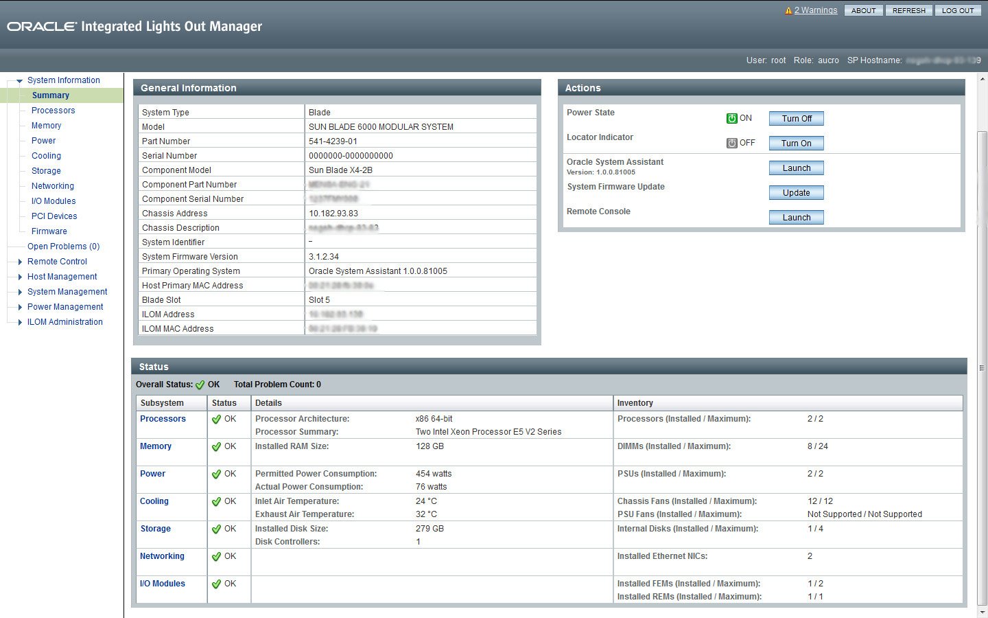 image:Captura de pantalla en la que se muestra la pantalla Summary (Resumen) de Oracle ILOM.