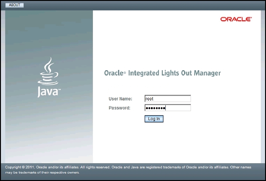 image:Capture de l'écran de connexion d'Oracle ILOM.