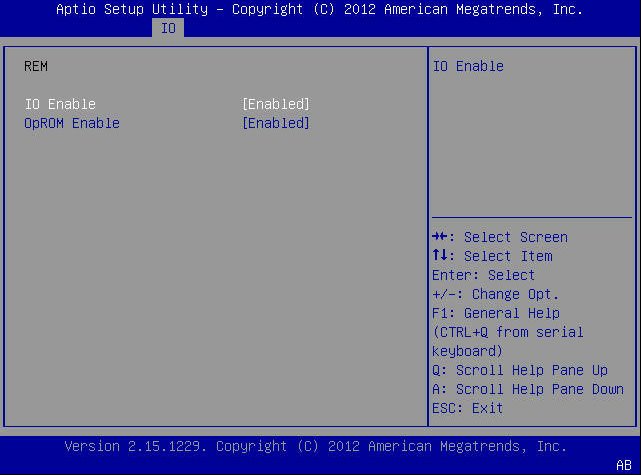 image:BIOS 設定ユーティリティー「I/O」メニュー画面のスクリーンショット。