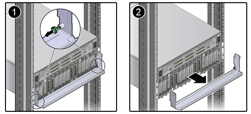 This figure shows how the shipping bracket securing the IO modules in the F1-15 Director Switch is unlocked and removed.