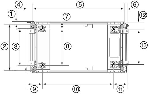 This figure shows the location of the leveling feet on the rack.