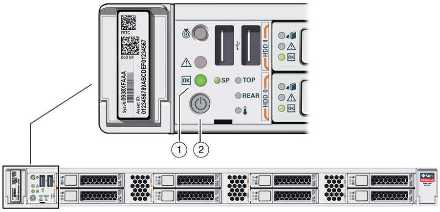 This figure shows the location of the Power/OK LED and Power button on the Oracle Virtual Compute Appliance management node.