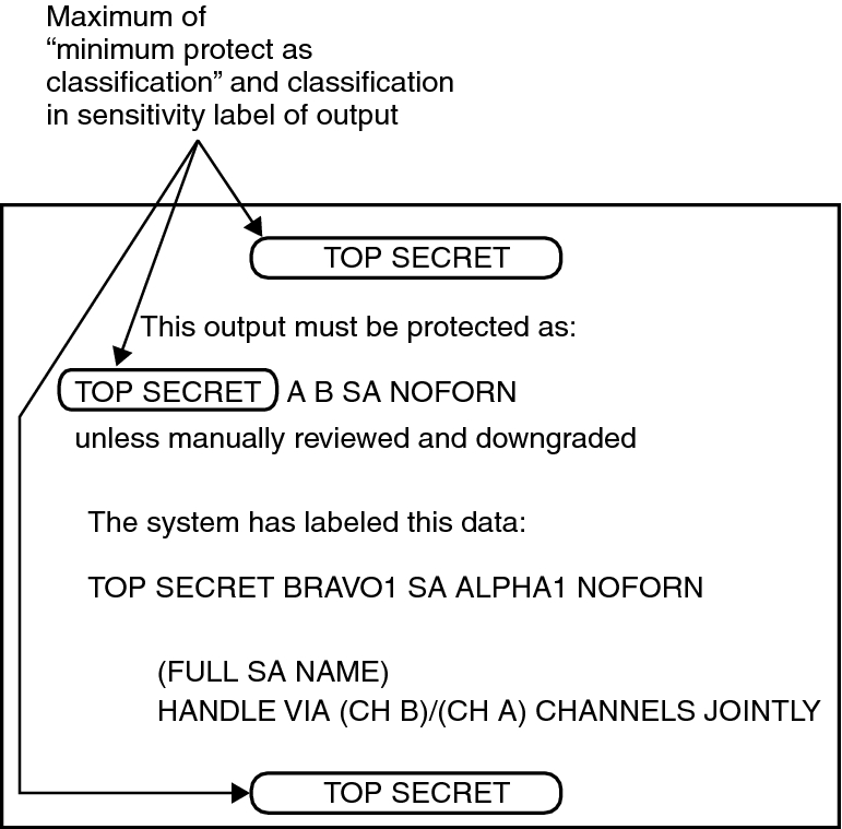 image:Graphic shows that TOP SECRET is the minimum protect as classification for the data. TOP SECRET is printed in 3 places on banner.