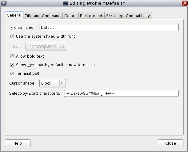 image:Editing profile dialog from the GNOME Terminal application. Contains six tabbed sections.