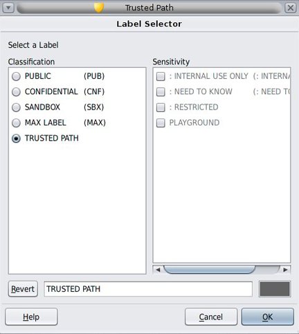 image:Label Selector dialog box shows the Classification and Sensitivity lists, the default label, and the Revert, Help, Cancel, and OK buttons.