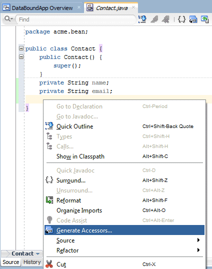 Java source editor, Generate Accessors