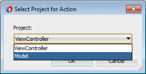 This screenshot shows the dialog with the Model project highlighted in the dropdown project list
