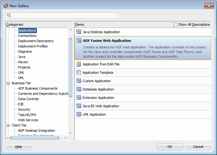 This screenshot shows the Applications category selected in the left pane and the A D F Fusion web application option        selected in the right pane