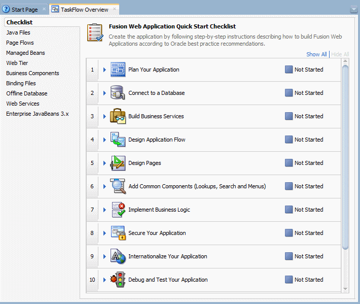This screenshot shows the various application artifacts that you can select and create in J Developer