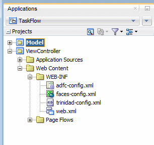 This screenshot shows the Applications window with expanded Model and View Controller projects displayed