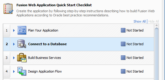 This screenshot shows step 2 connect to a database in the quick start checklist