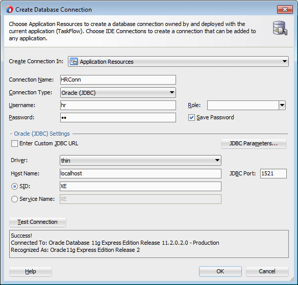 This screenshot shows the fields used to create the database connection definition