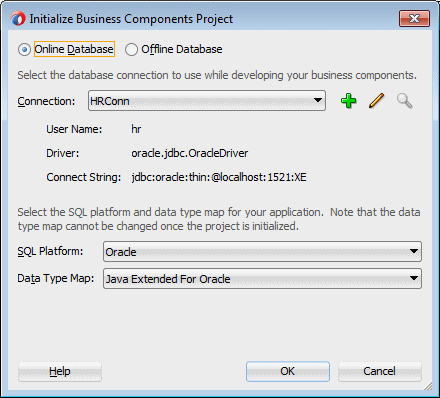 This screenshot shows the dialog with the details of the the H R Con database connection displayed