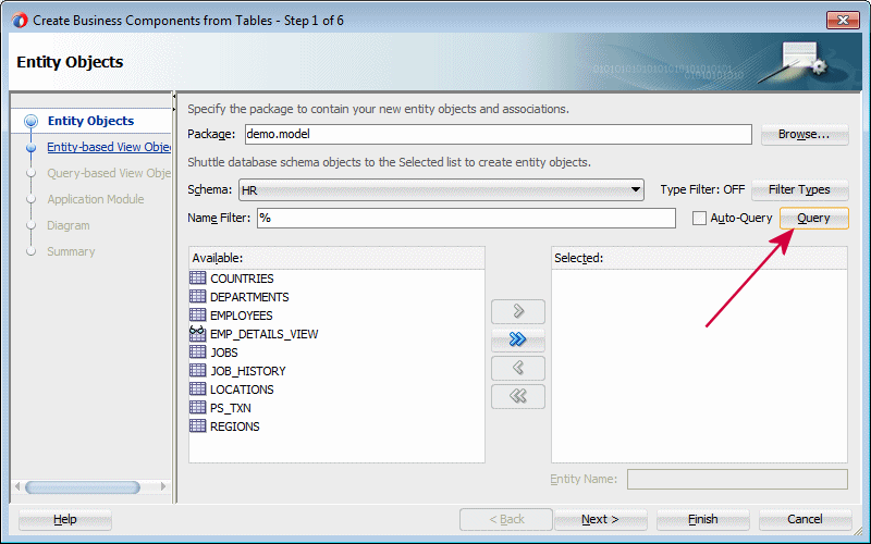 This screenshot shows step 1 in the wizard with the query button