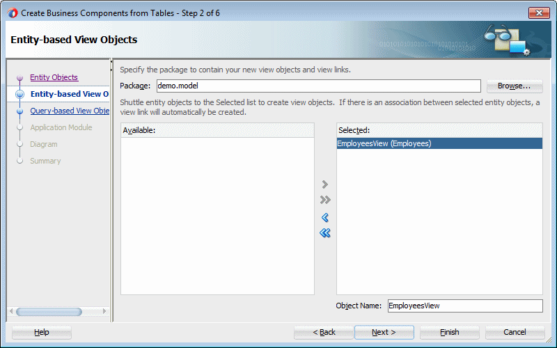 This screenshot shows step 2 in the wizard with the Employees View view object displayed in the selected list on the right