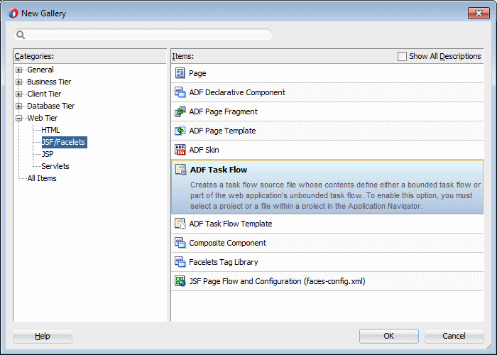 This screenshot shows the JSF Facelets category select in the left pane and the A D F task flow option selected in the right