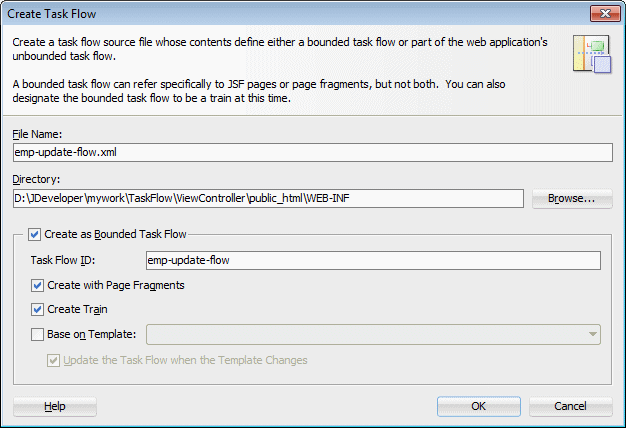 This screenshot shows the dialog to create the task flow with the name and path specified, and required properties selected