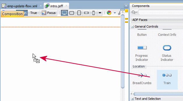 This screenshot shows where to drag and drop a component into the page design surface