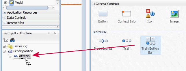 This screenshot shows where to drag and drop a component into the expanded page structure in the Structure window