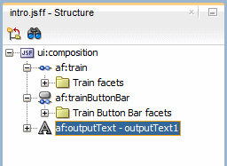 This screenshot shows the Structure window expanded with the new output text component highlighted at the bottom of the page  structure
