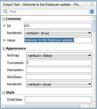 This screenshot shows the Value property with the entered output text