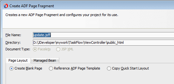 This screenshot shows the dialog with the name of the view highlighted and the default option create blank page selected