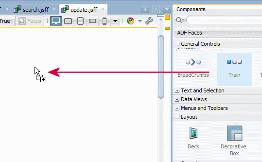 This screenshot shows where to drag and drop the train component from the Components window into the page design surface