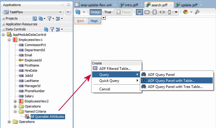 This screenshot shows the expanded App Module Data Control node with a right-click menu displayed on the All Queriable Attributes node