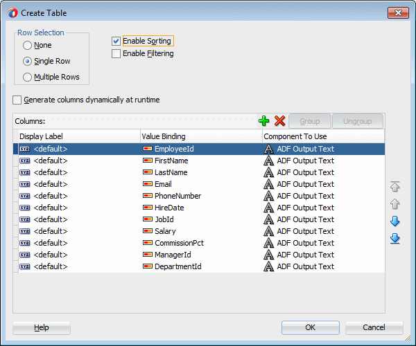 This screenshot shows the dialog to create a table with the properties selected in the top half and the list of columns to display in the bottom half
