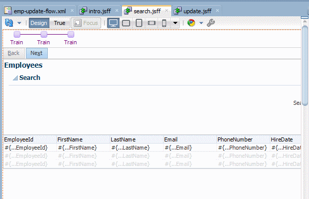 This screenshot shows the page in the page editor with the table displayed but without data