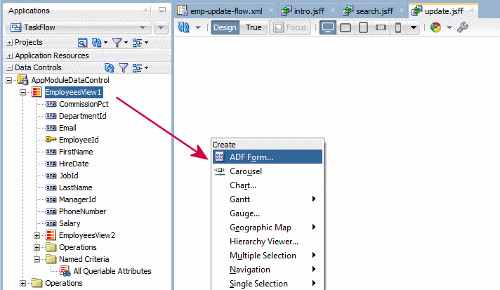 This screenshot shows the expanded App Module Data Control node with a right-click menu displayed on the Employees View 1 node