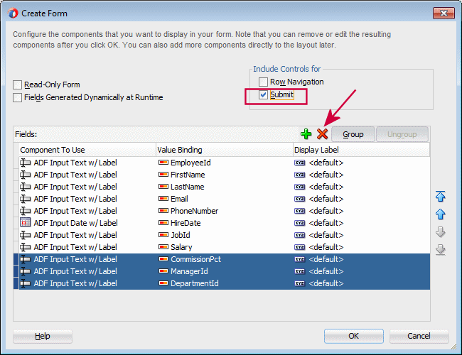 This screenshot shows the dialog to create a form with the properties selected in the top half and the three rows to delete highlighted in the bottom half