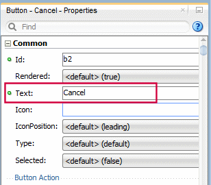 This screenshot shows where to enter the button label in the expanded common properties list of the properties window