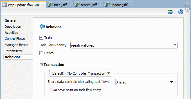 This screenshot shows the overview page of the task flow editor, with the behavior tab selected in the left pane and the details shown on the right