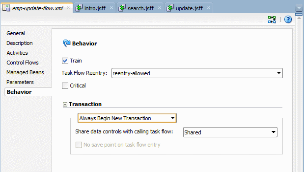 This screenshot shows the dropdown menu of the Transaction details with the option Always Begin New Transaction selected