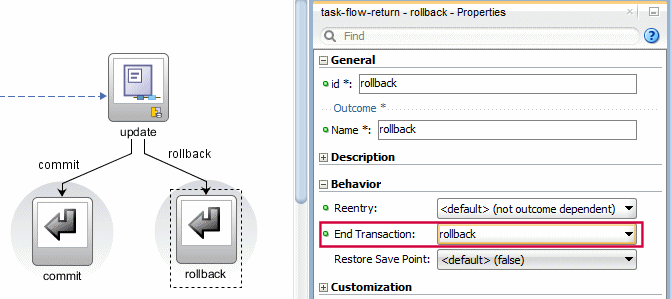 This screenshot shows where to enter rollback in the expanded Behavior tab of the Properties window