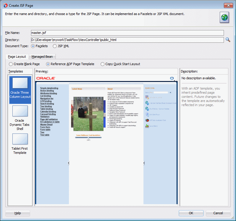 This screenshot shows the dialog with the page name entered and options to create a reference A D F page template selected