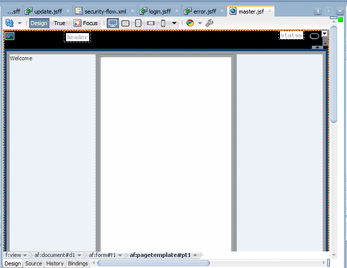This screenshot shows the page design editor with the page template displayed