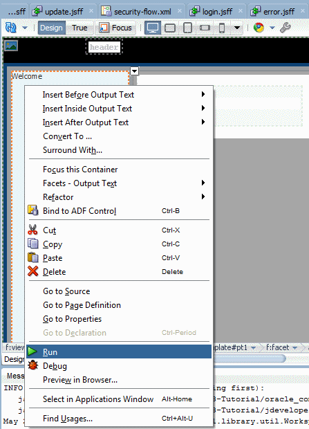 This screenshot shows the right-click menu with option run highlighted in the page editor