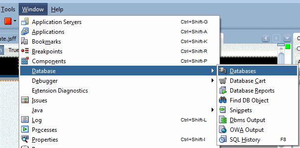 This screenshot shows the Window menu on the toolbar with databases selected