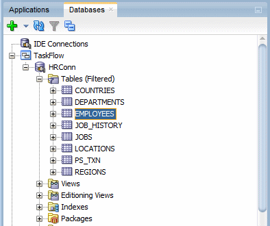 This screenshot shows the database navigator with the employees table highlighted in the expanded tables list