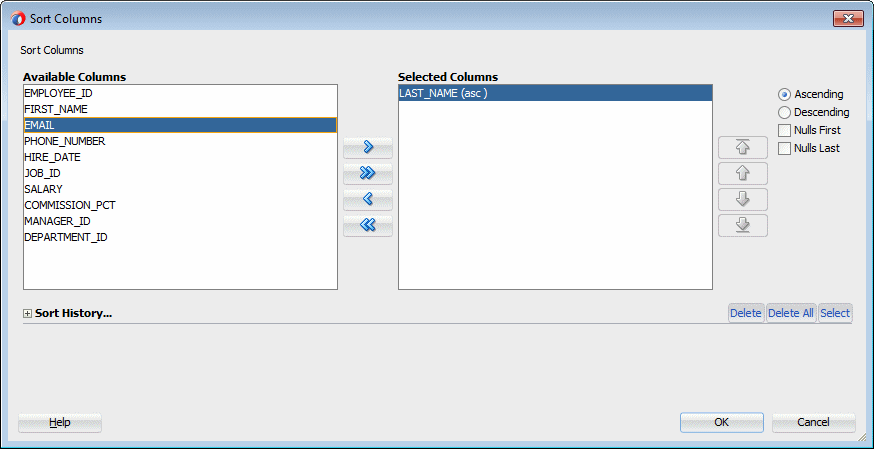 This screenshot shows the dialog with the available columns on the left and selected columns on the right with one column     selected